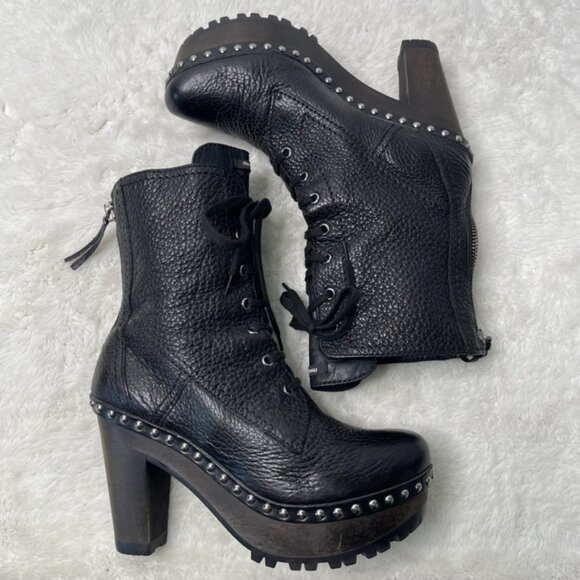 Miu Miu Women's Black Leather Heeled Lace Up Wooden Boots Size 40 - Picture 6 of 16